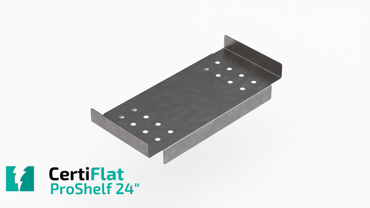Sturdy and sleek CertiFlat ProShelf 24 made of 16-gauge A36 HRPO steel, showcasing its versatile dual-use design with edges for tool security and a flat surface for storage. Compatible with FR2436 and FR2448 FabRack models, ideal for organizing welding tools and components in a professional workspace.
