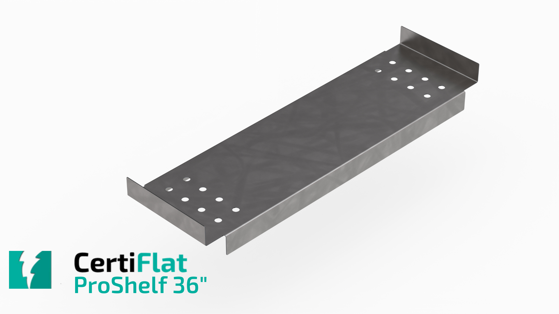 Sturdy and sleek CertiFlat ProShelf 36 made of 16-gauge A36 HRPO steel, showcasing its versatile dual-use design with edges for tool security and a flat surface for storage.