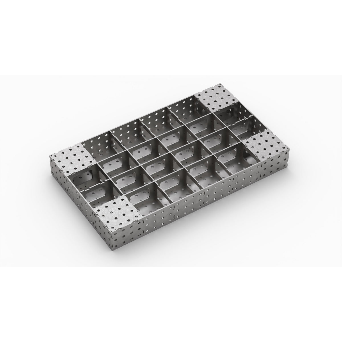 Detailed view of CertiFlat FabBlock welding table surface showing the 16mm round holes and precision-engineered tab and slot stiffening ribs for enhanced stability.
