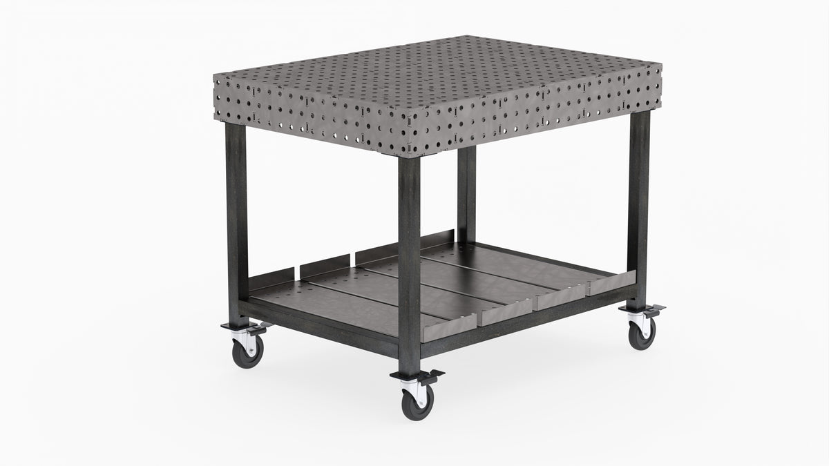 Sturdy and sleek CertiFlat ProShelf 24 made of 16-gauge A36 HRPO steel, showcasing its versatile dual-use design with edges for tool security and a flat surface for storage. Compatible with FR2436 and FR2448 FabRack models, ideal for organizing welding tools and components in a professional workspace.