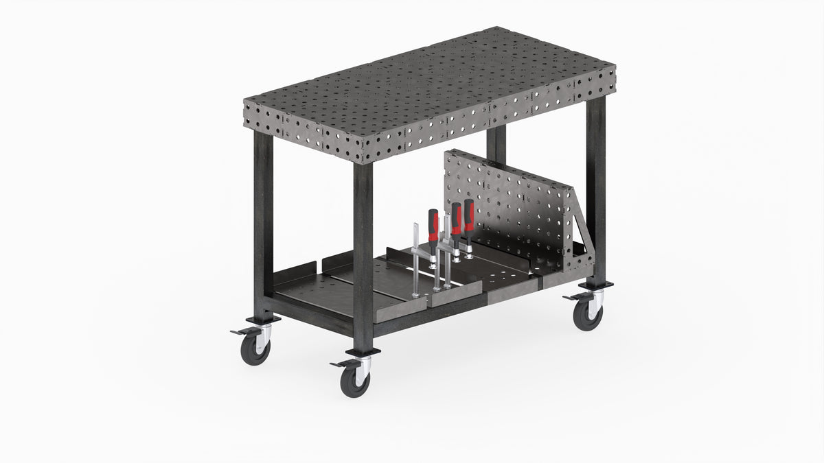 Sturdy and sleek CertiFlat ProShelf 24 made of 16-gauge A36 HRPO steel, showcasing its versatile dual-use design with edges for tool security and a flat surface for storage. Compatible with FR2436 and FR2448 FabRack models, ideal for organizing welding tools and components in a professional workspace.