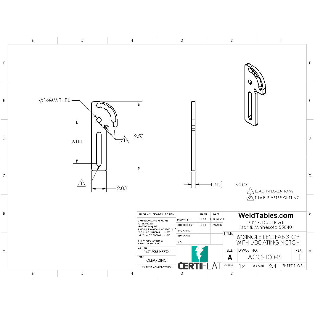 CertiFlat 6&quot; Single Leg FabStop with Locating Notch