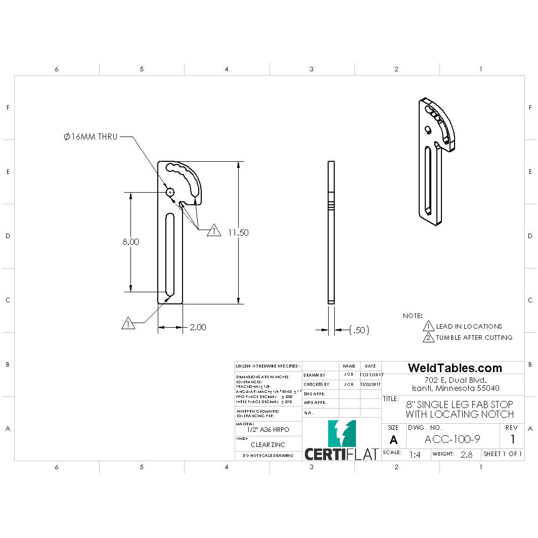 CertiFlat 8&quot; Single Leg FabStop with Locating Notch