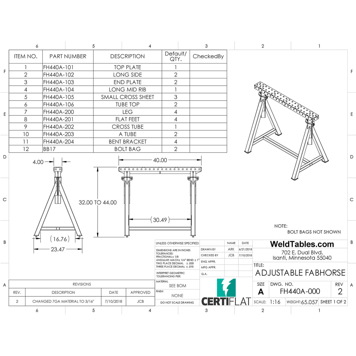 FH440A 40&quot; Adjustable FabHorse 32&quot;- 40&quot; Height infinite Adjustment