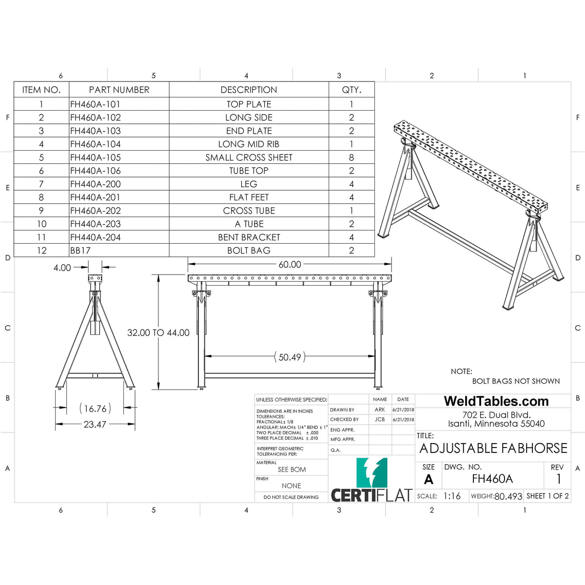 FH460A 60&quot; Adjustable FabHorse 32&quot;- 40&quot; Height infinite Adjustment