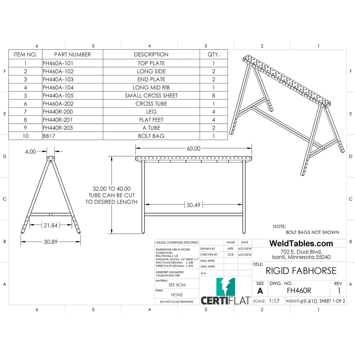 FH460R 60&quot; Rigid FabHorse 32&quot; -  40&quot; Height, 2&quot; Increments