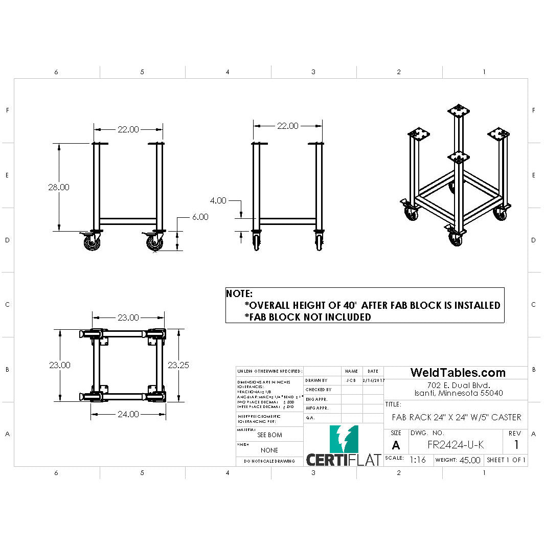 Certiflat 24&quot;X24&quot; FabRack with Casters for FabBlock