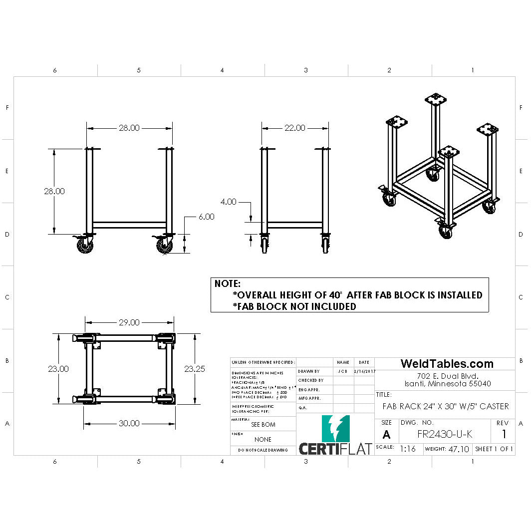 Certiflat 24&quot;X30&quot; FabRack with Casters for FabBlock