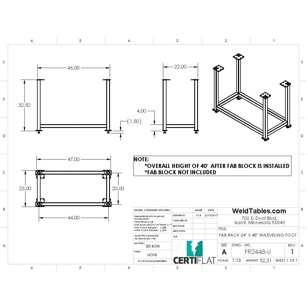 CertiFlat Fab Rack 24&quot;x48&quot; with Leveling Foot FR2448 CNC Tube