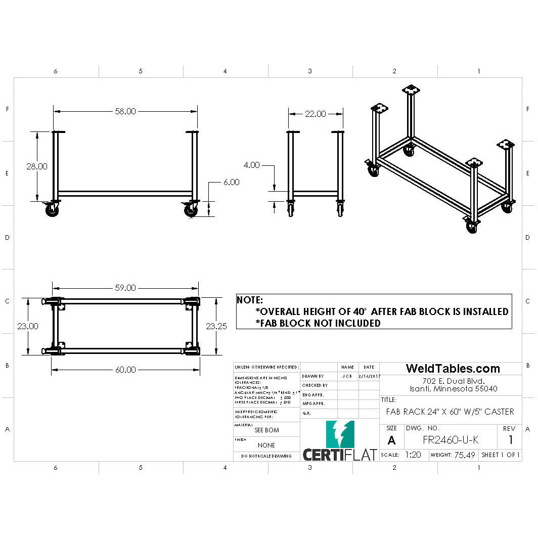 Certiflat 24&quot;X60&quot; FabRack with Casters for FabBlock