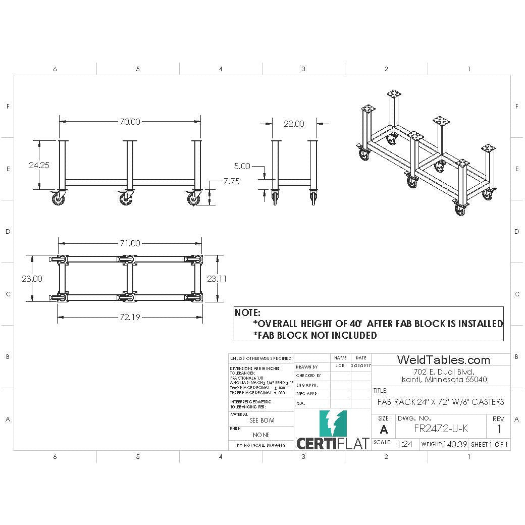 Certiflat 24&quot;X72&quot; FabRack with Casters for FabBlock