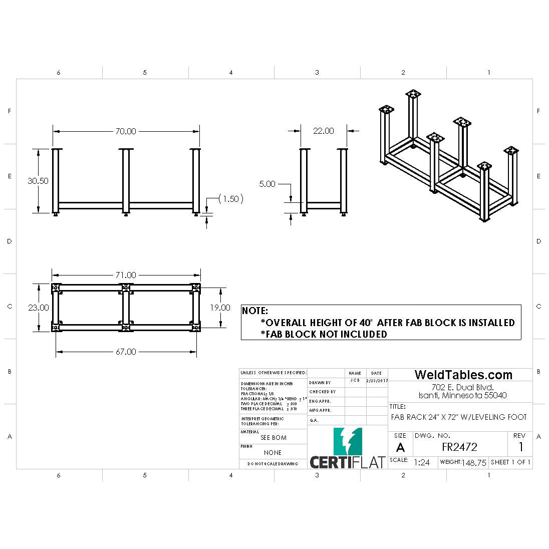 Certiflat 24&quot;X72&quot; FabRack for FabBlock