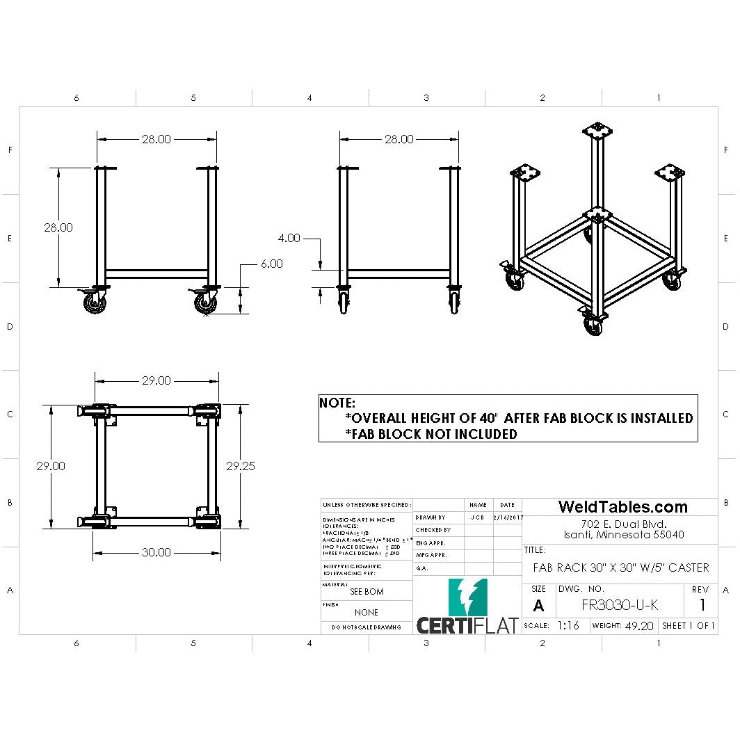 Certiflat 30&quot;X30&quot; FabRack with Casters for FabBlock