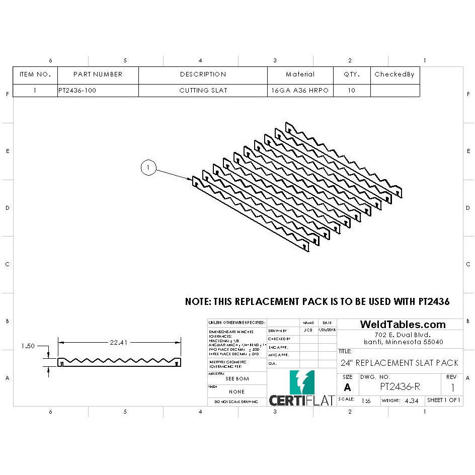 Replacement Slats for CertiFlat 24" Wide Plasma Tables