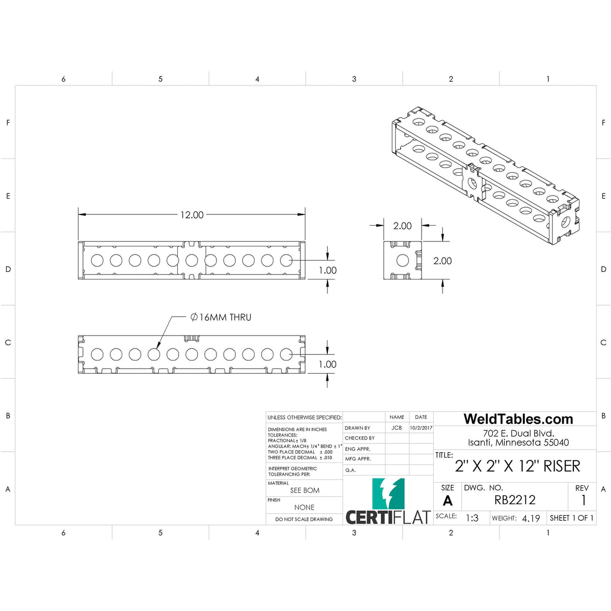 CertiFlat 2&quot;x2&quot;x12&quot; Riser Block