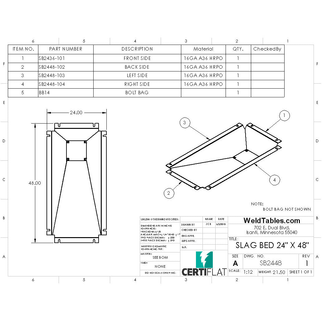 Slag Bed for CertiFlat 24&quot;X48&quot; Plasma Table