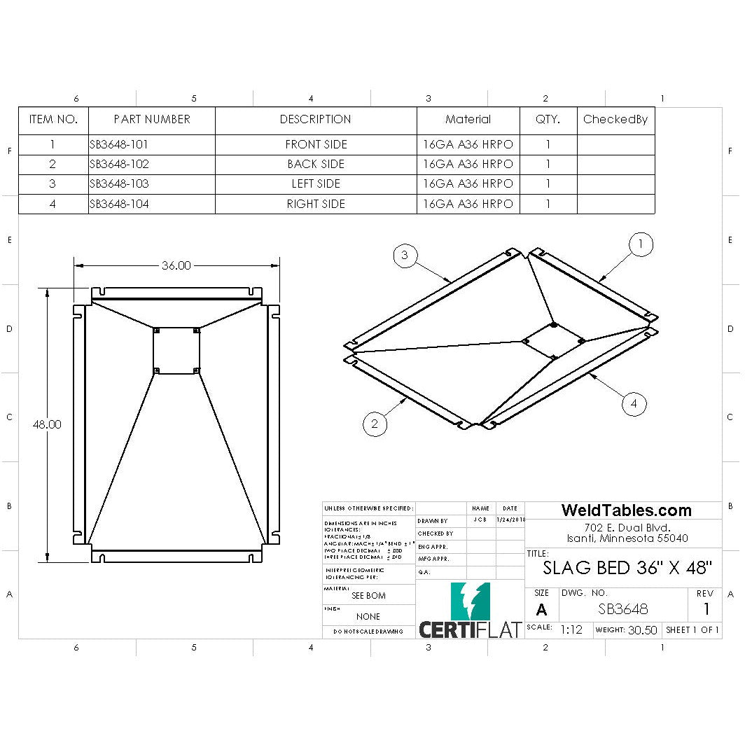 Slag Bed for CertiFlat 36"X48" Plasma Table
